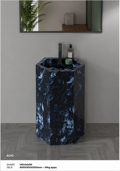 Luxury Blue Bressa Hexagonal Solid Surface Freestanding Sink, Modern 6-Sided Pedestal Column – NACS Collection