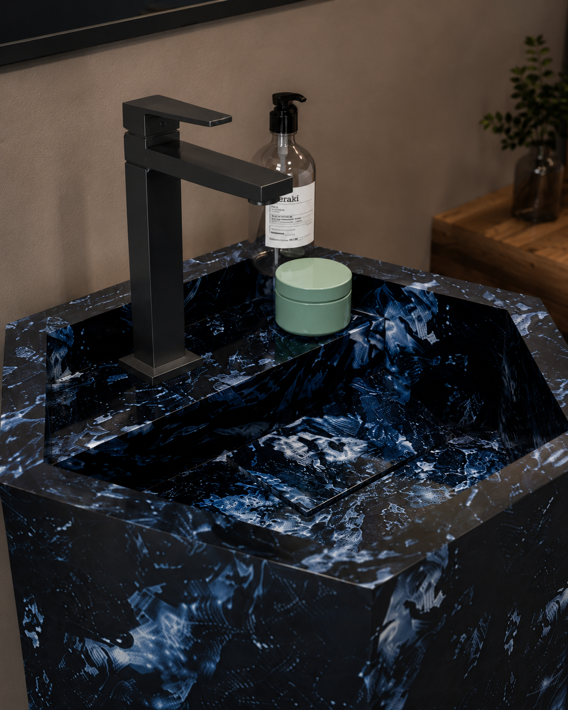 Luxury Blue Bressa Hexagonal Solid Surface Freestanding Sink, Modern 6-Sided Pedestal Column – NACS Collection