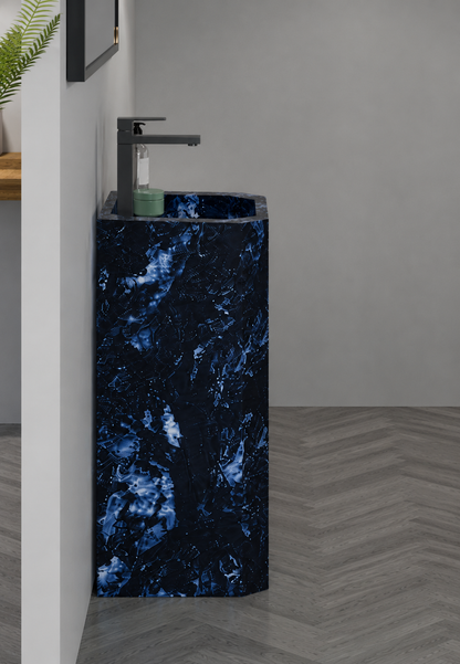 Luxury Blue Bressa Hexagonal Solid Surface Freestanding Sink, Modern 6-Sided Pedestal Column – NACS Collection
