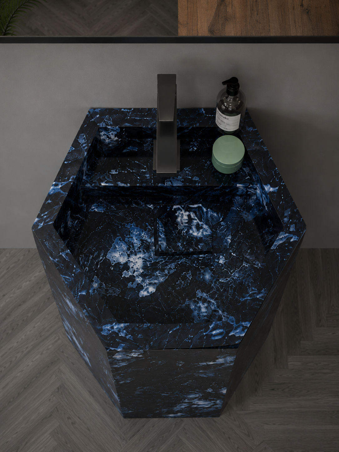 Luxury Blue Bressa Hexagonal Solid Surface Freestanding Sink, Modern 6-Sided Pedestal Column – NACS Collection