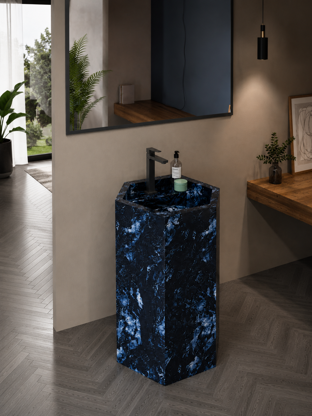 Luxury Blue Bressa Hexagonal Solid Surface Freestanding Sink, Modern 6-Sided Pedestal Column – NACS Collection