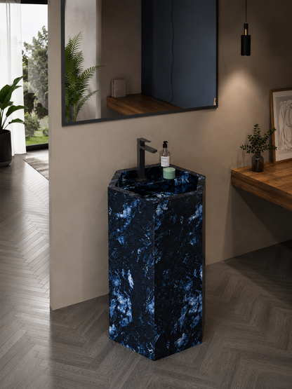 Luxury Blue Bressa Hexagonal Solid Surface Freestanding Sink, Modern 6-Sided Pedestal Column – NACS Collection