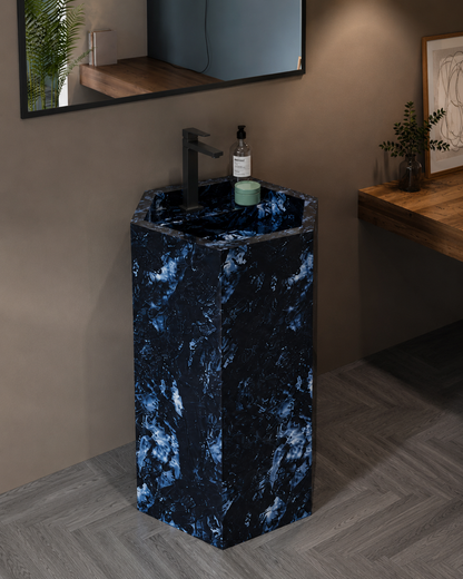 Luxury Blue Bressa Hexagonal Solid Surface Freestanding Sink, Modern 6-Sided Pedestal Column – NACS Collection