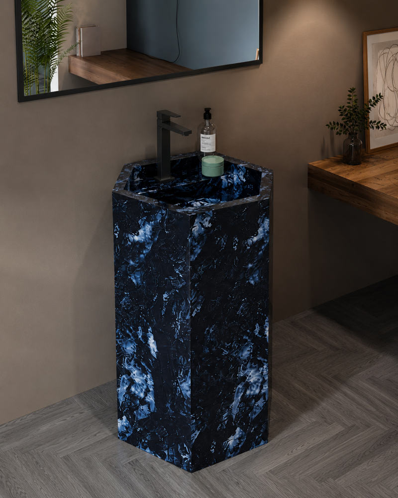 Luxury Blue Bressa Hexagonal Solid Surface Freestanding Sink, Modern 6-Sided Pedestal Column – NACS Collection