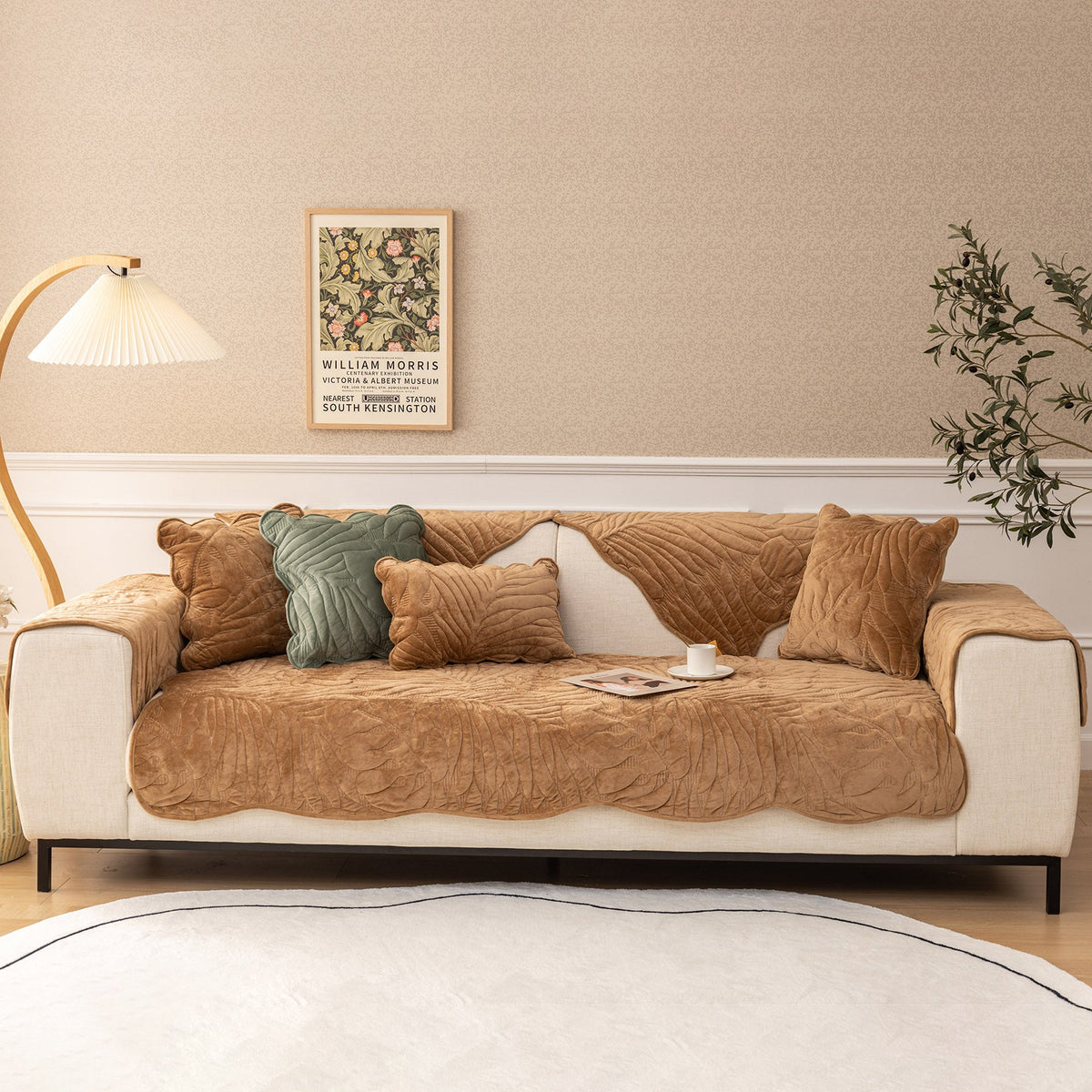 Soft Furry Velvet Plush Non-Slip Sofa Cover Quilted Palm Leaves Sectional Couch Cover for Kids and Pets