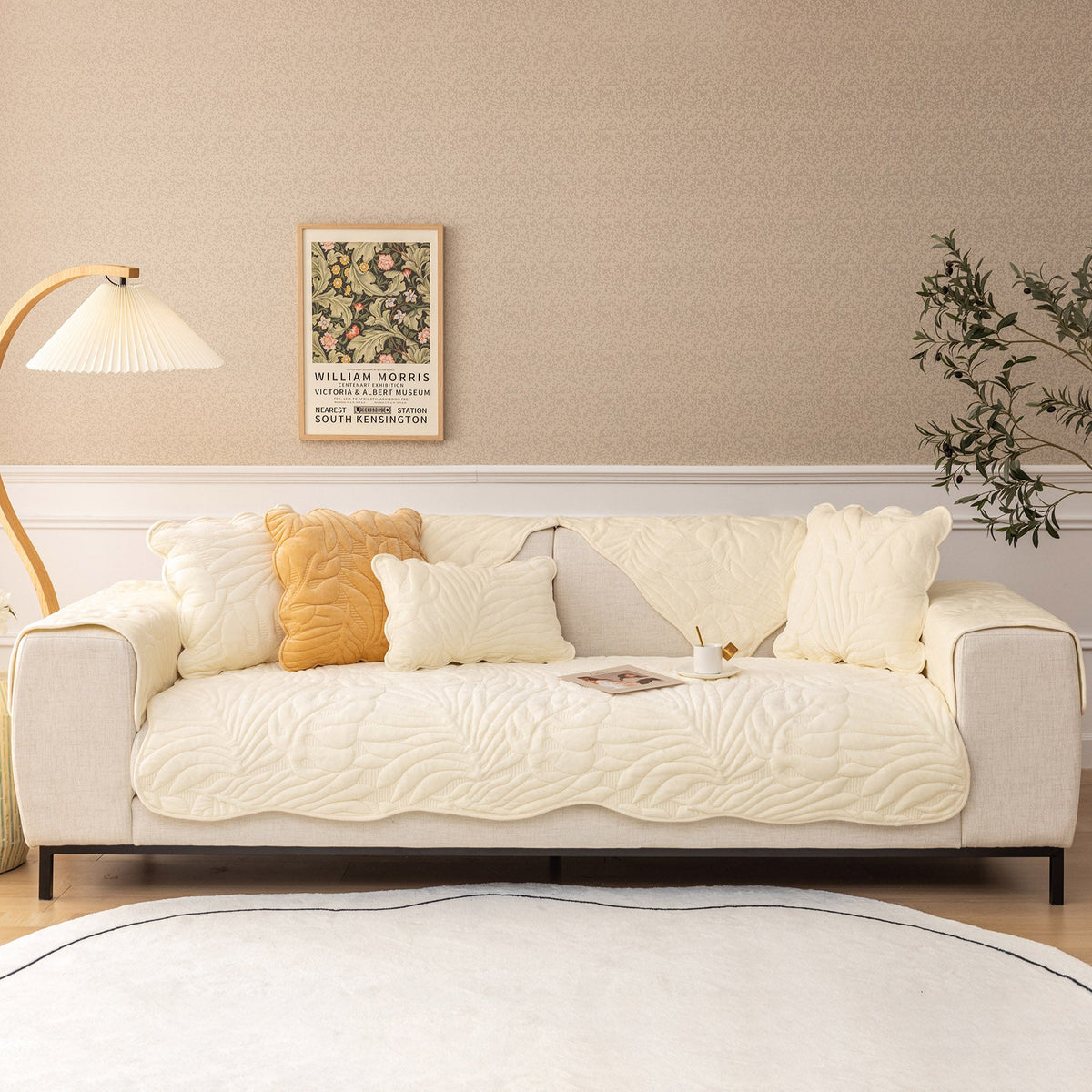 Soft Furry Velvet Plush Non-Slip Sofa Cover Quilted Palm Leaves Sectional Couch Cover for Kids and Pets