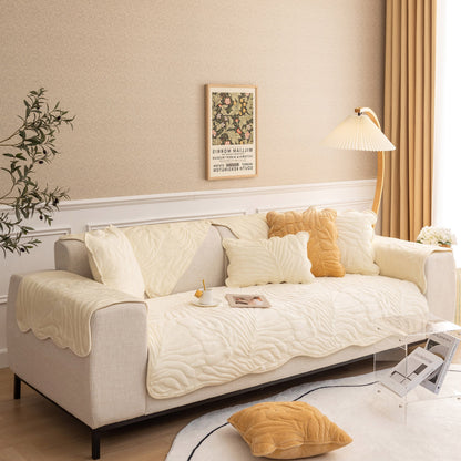 Soft Furry Velvet Plush Non-Slip Sofa Cover Quilted Palm Leaves Sectional Couch Cover for Kids and Pets