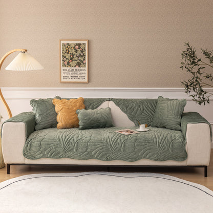 Soft Furry Velvet Plush Non-Slip Sofa Cover Quilted Palm Leaves Sectional Couch Cover for Kids and Pets
