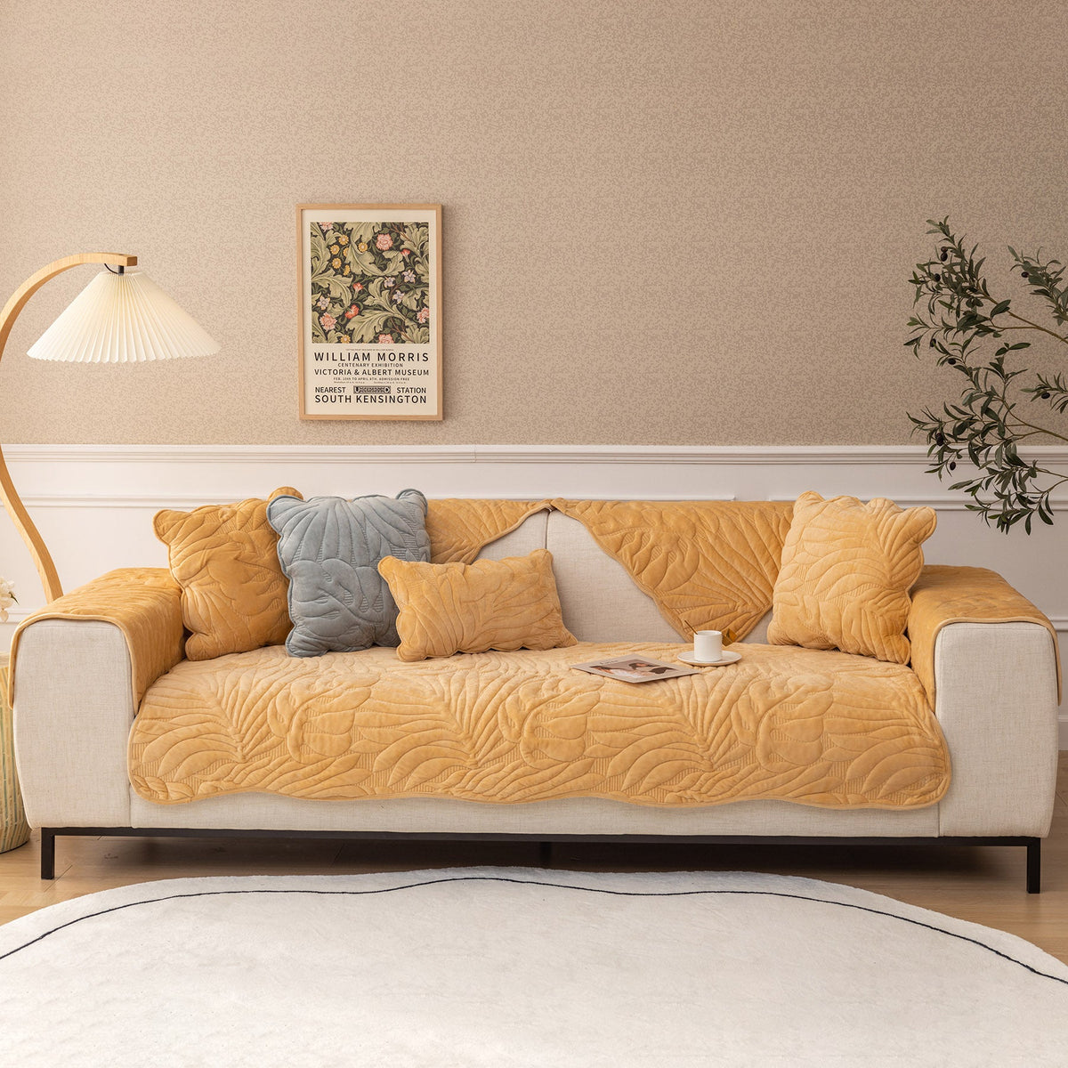 Soft Furry Velvet Plush Non-Slip Sofa Cover Quilted Palm Leaves Sectional Couch Cover for Kids and Pets