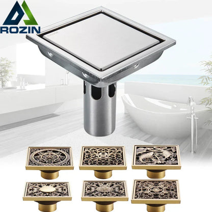 DecorBites™ Antique Brass Shower Floor Drain 10cm Square Waste Strainer Cover Grate