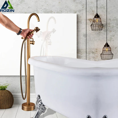DecorBites™ Antique Brass Floor Mount Tub Faucet Swivel Spout Shower Mixer Tap