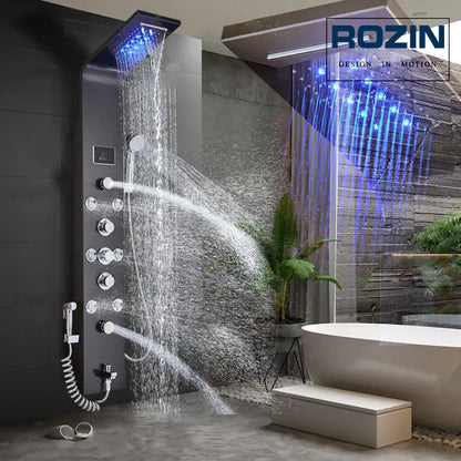 DecorBites™ Black LED Waterfall Rain Shower Panel with Massage Sprayer and Bidet Tap