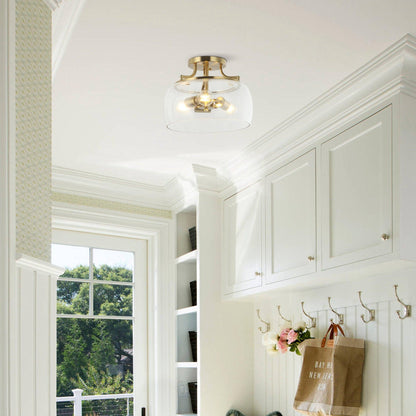 13 Inch 3-Light Brass Gold Semi-Flush Mount Ceiling Light Fixture with Clear Glass Shade