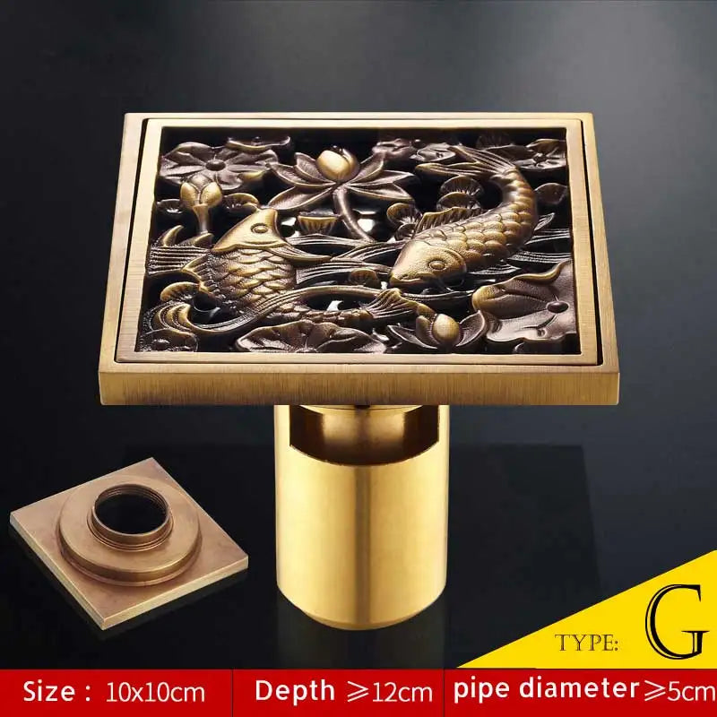 DecorBites™ Antique Brass Fish Style Shower Drain 10cm Square Floor Drainer