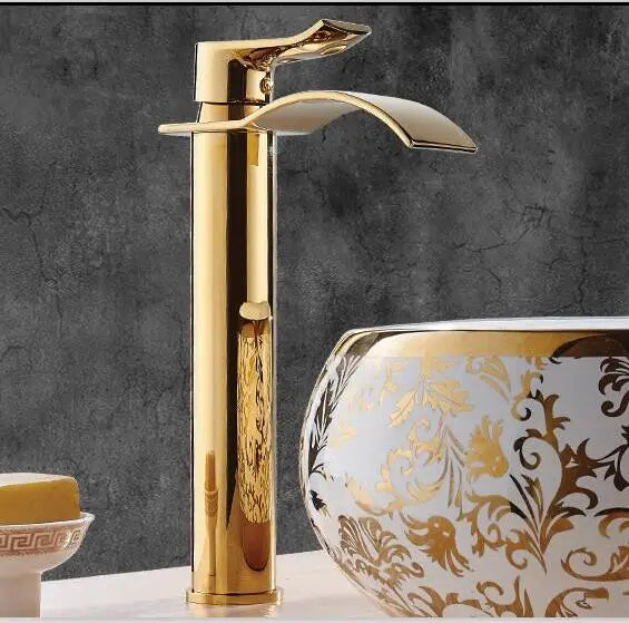 DecorBites™ Gold Waterfall Bathroom Faucet Single Handle Basin Mixer Tap Brass Sink Crane