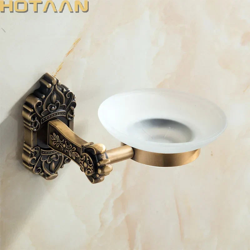 DecorBites™ Antique Brass Bathroom Soap Dish Glass Holder - Wall Mounted Aluminum Bath Accessory