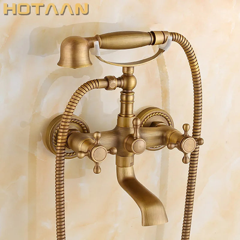 DecorBites™ Antique Brass Shower Faucet Kit with Wall Mounted Hand Held Shower Head