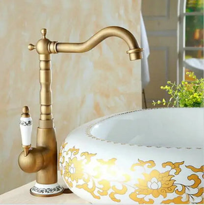 DecorBites™ Antique Brass Porcelain Basin Mixer Hot Cold Tap - 360 Degree Swivel Kitchen Faucet