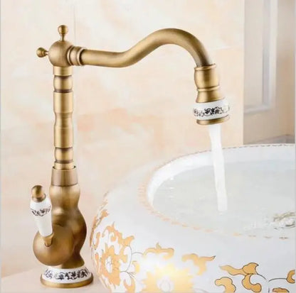 DecorBites™ Antique Brass Porcelain Basin Mixer Hot Cold Tap - 360 Degree Swivel Kitchen Faucet