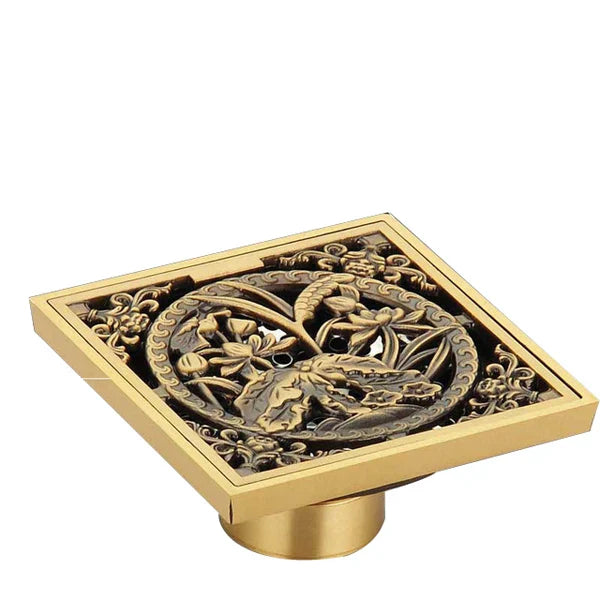 DecorBites™ Antique Brass Shower Floor Drain 10cm Square Waste Strainer Cover Grate
