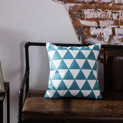 DecorBites™ Blue Geometric Embroidered Canvas Cotton Cushion Cover 45x45cm