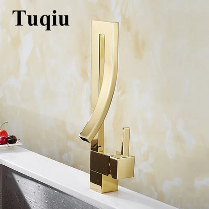 ™ Gold Brass Square Basin Faucet Single Handle Deck Mounted Bathroom Sink Mixer