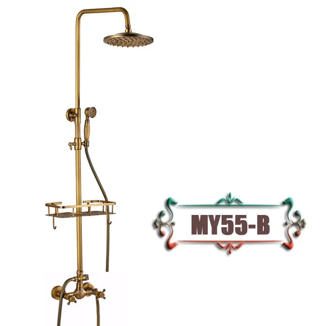 DecorBites™ Antique Brass Wall Mount Bathtub Shower Faucet Dual Handle Shelf Spout