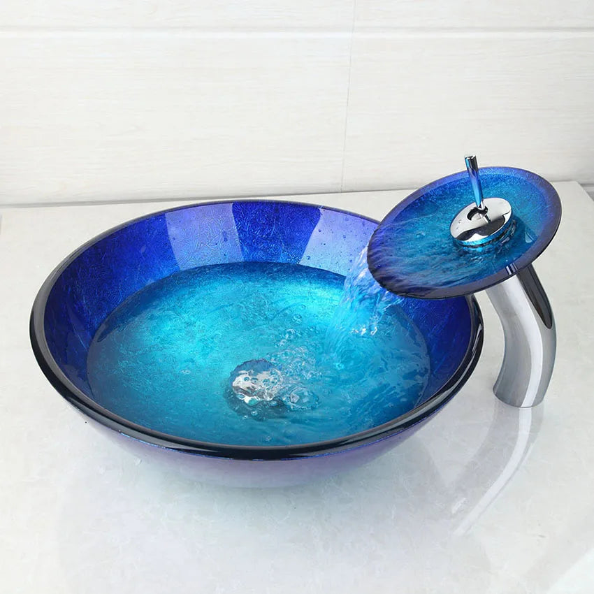 DecorBites™ Blue Chrome Tall Basin Tap with Hand-Painted Glass Waterfall Sink Set