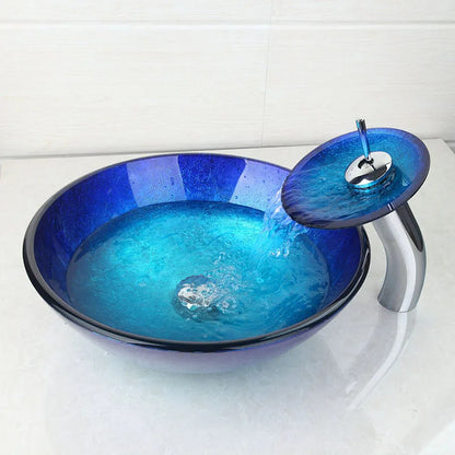 DecorBites™ Blue Chrome Tall Basin Tap with Hand-Painted Glass Waterfall Sink Set