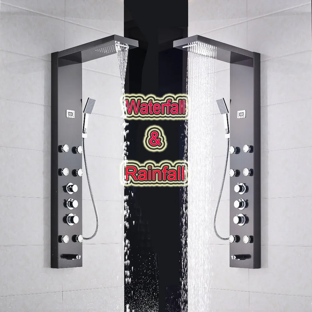 DecorBites™ Black Massage Jets Rain Shower Column Thermostatic Mixer Shower Panel