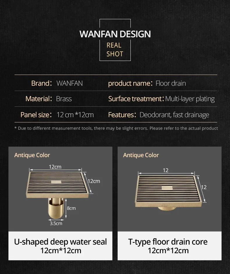 DecorBites™ Antique Brass Square Bath Drain Strainer Hair Art Carved Floor Grate Drain