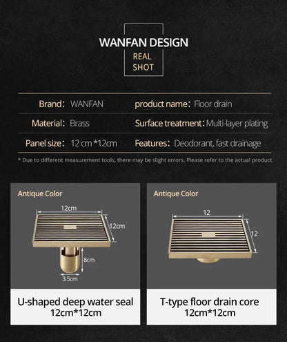 DecorBites™ Antique Brass Square Bath Drain Strainer Hair Art Carved Floor Grate Drain