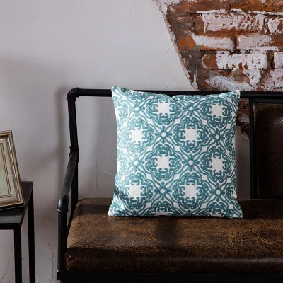 DecorBites™ Blue Geometric Embroidered Canvas Cotton Cushion Cover 45x45cm