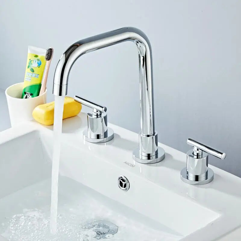 DecorBites™ Brass Basin Faucet: Gold/Chrome Double Handle Bathroom Sink Tap, Deck Mounted-Widespread