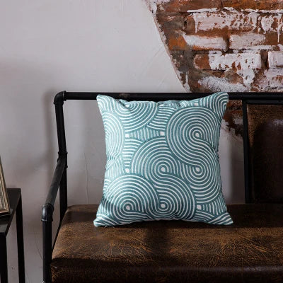 DecorBites™ Blue Geometric Embroidered Canvas Cotton Cushion Cover 45x45cm
