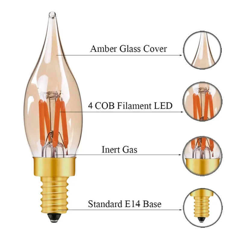 ™ LED Filament Bulb C22T Gold Tint Candle Lamp E12 2W 2200K Chandelier Decoration