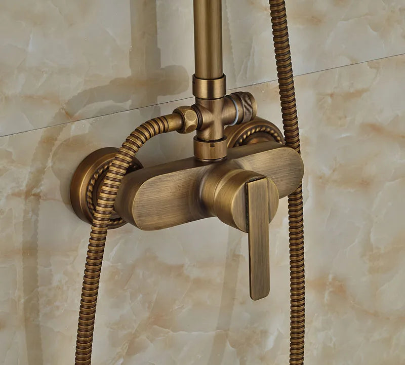 DecorBites™ Antique Brass Wall Mount Shower Faucet with Hand Shower, 8" Rain Shower Head