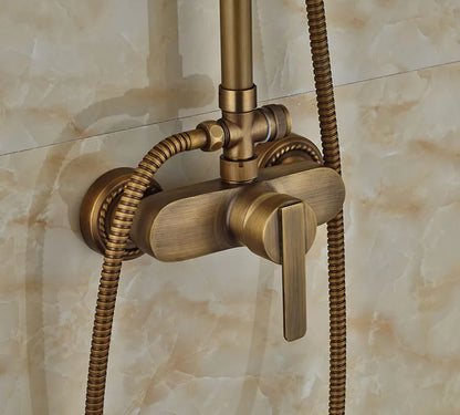 DecorBites™ Antique Brass Wall Mount Shower Faucet with Hand Shower, 8" Rain Shower Head