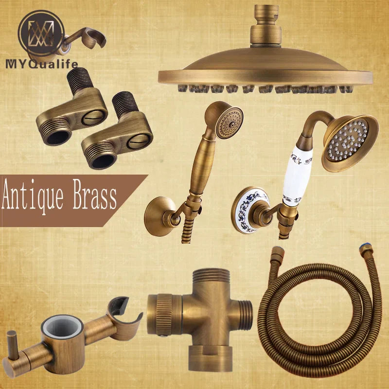 DecorBites™ Antique Brass Shower Faucet Set with Rain Head, Hand Shower, Hose & Valve