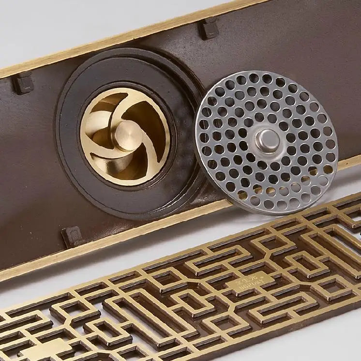 DecorBites™ Antique Brass Linear Shower Floor Drain with Art Carved Cover