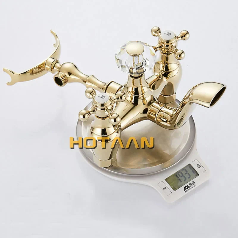 DecorBites™ Gold Finish Bath Tub Faucet with Ceramic Handle and Handheld Shower AI-5329