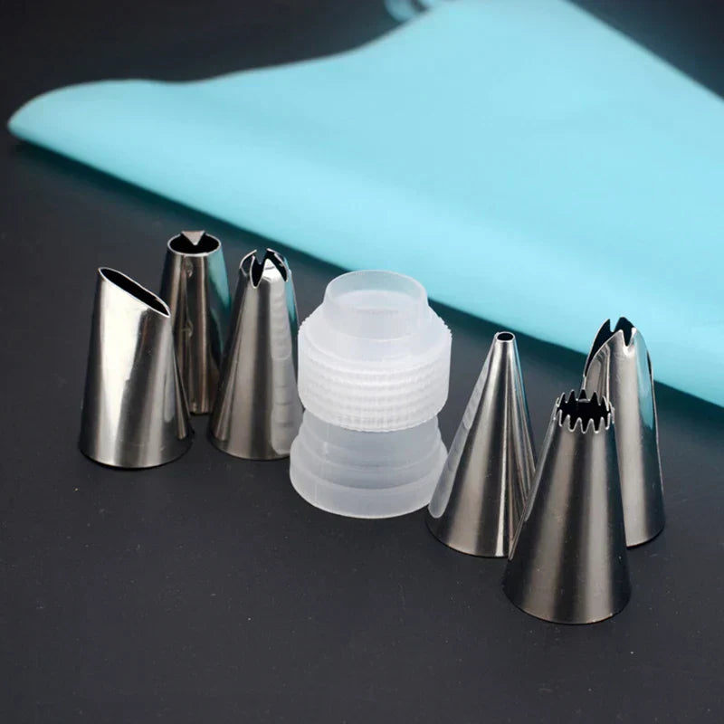 DecorBites™ 8pc Silicone Piping Bag & 6pc Nozzle Set for Cake Decorating
