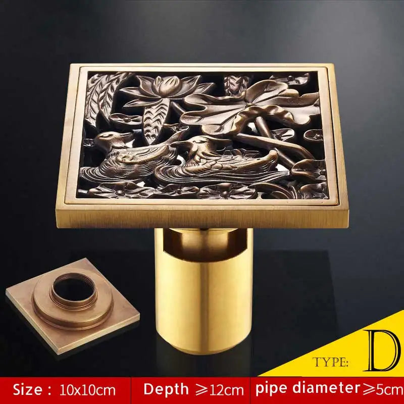 DecorBites™ Antique Brass Fish Style Shower Drain 10cm Square Floor Drainer