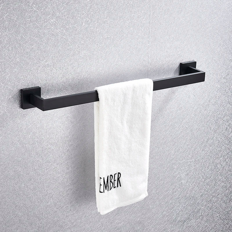 DecorBites™ Black Bathroom Accessories Set: Robe Hook, Towel Rail, Shelf, Paper Holder