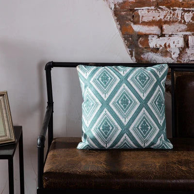 DecorBites™ Blue Geometric Embroidered Canvas Cotton Cushion Cover 45x45cm