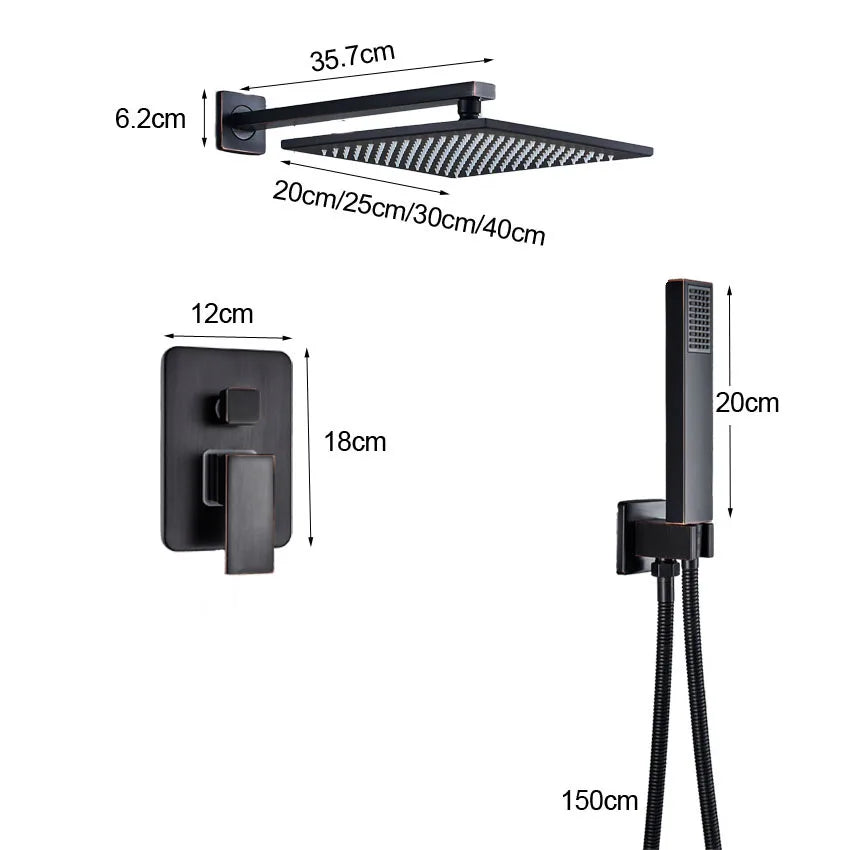 DecorBites™ Black Brass Shower Faucet with 2-Way Mixer, Handshower and Rainfall Head