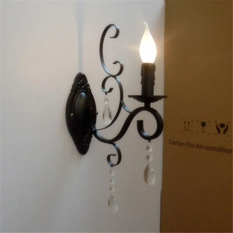 DecorBites™ Black Wrought Iron Crystal Candle Wall Lamp