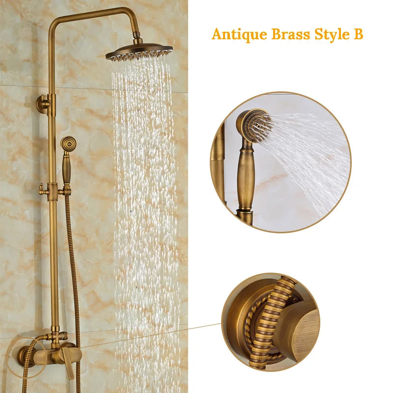 DecorBites™ Antique Brass Wall Mount Shower Faucet with Hand Shower, 8" Rain Shower Head