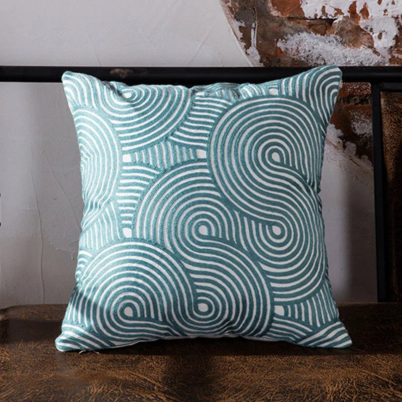 DecorBites™ Blue Geometric Embroidered Canvas Cotton Cushion Cover 45x45cm