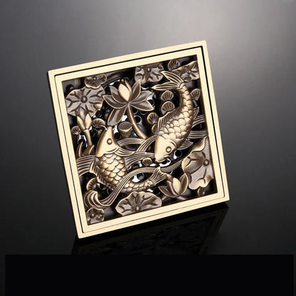 DecorBites™ Antique Brass Square Fish Carved Bathroom Floor Drain Hair Strainer